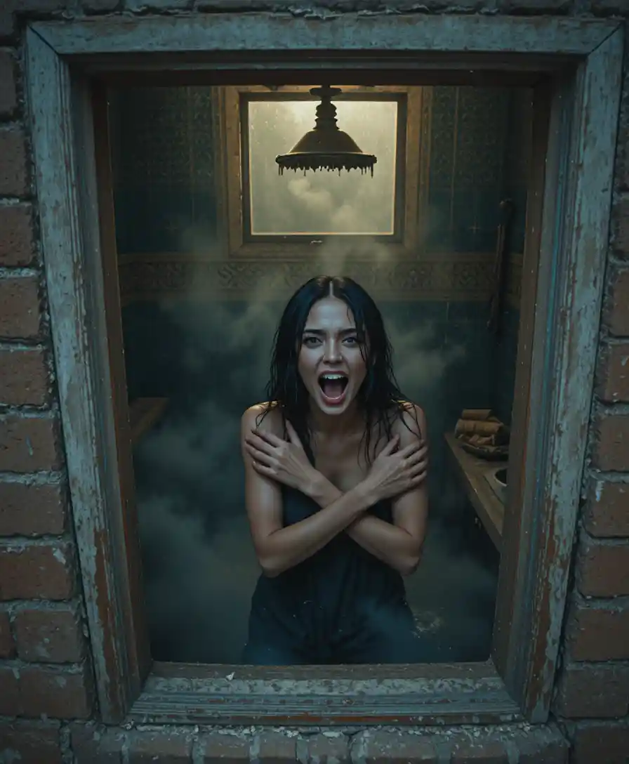 Terrified woman screaming inside steamy tiled bathhouse