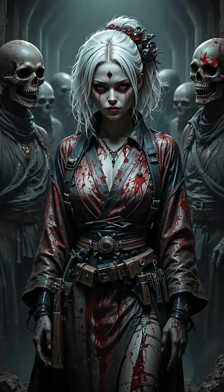 Skeletal white haired woman in bloody kimono with skull crowd