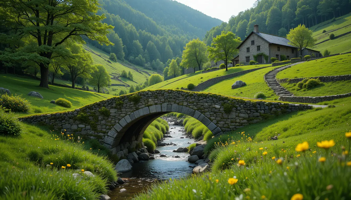 Pont en arc de pierre au-dessus d’un ruisseau en pleine campagne verte