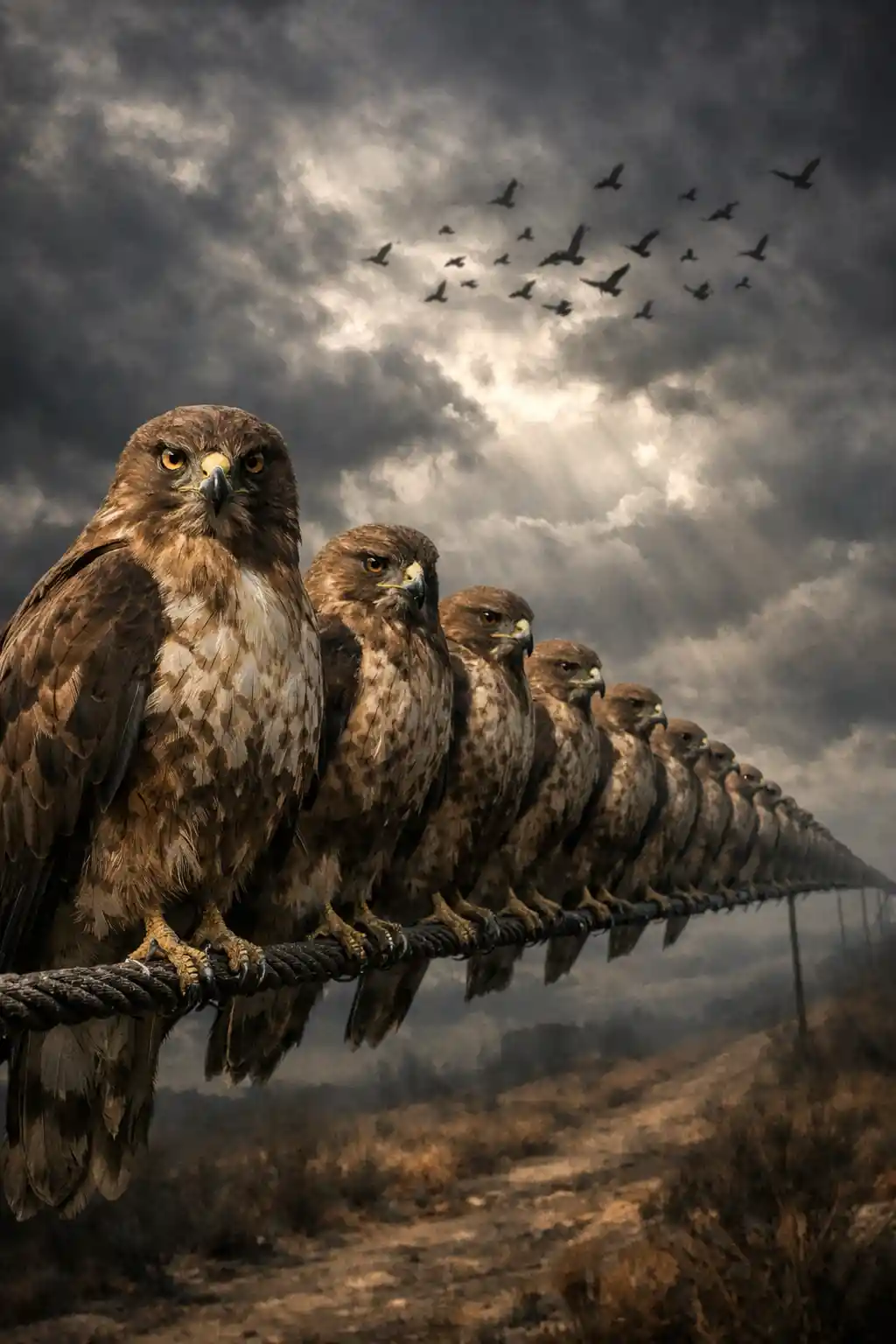 Line of hawks perched on a wire under storm clouds