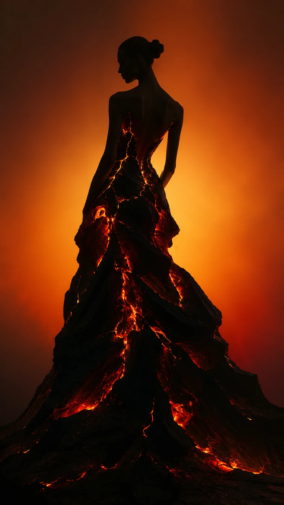 Silhouetted couture figure glowing with ember like inner light