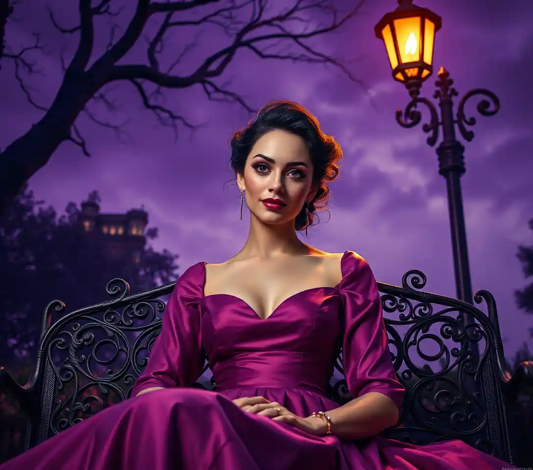 Elegant woman with floating eye in a surreal garden