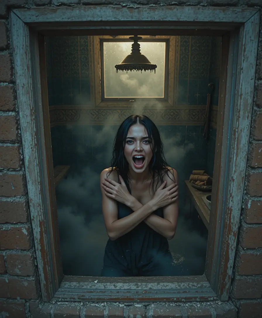 Terrified woman screaming inside steamy tiled bathhouse