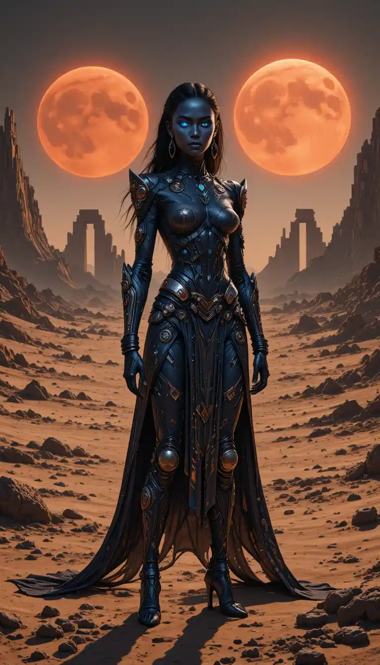 Obsidian skinned woman on a barren alien world