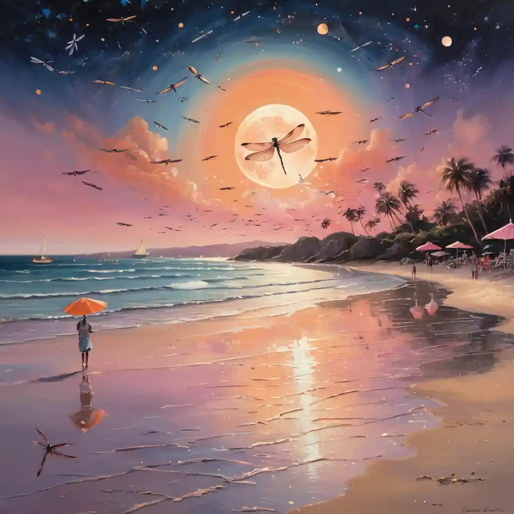 Dragonfly Over A Moonlit Beach At Colorful Sunset