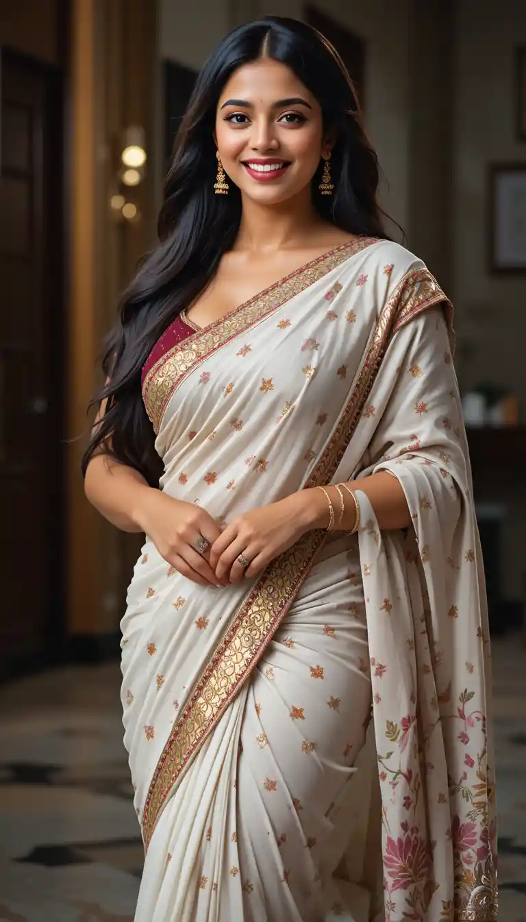 Confident Indian woman smiling in modern traditional outfit