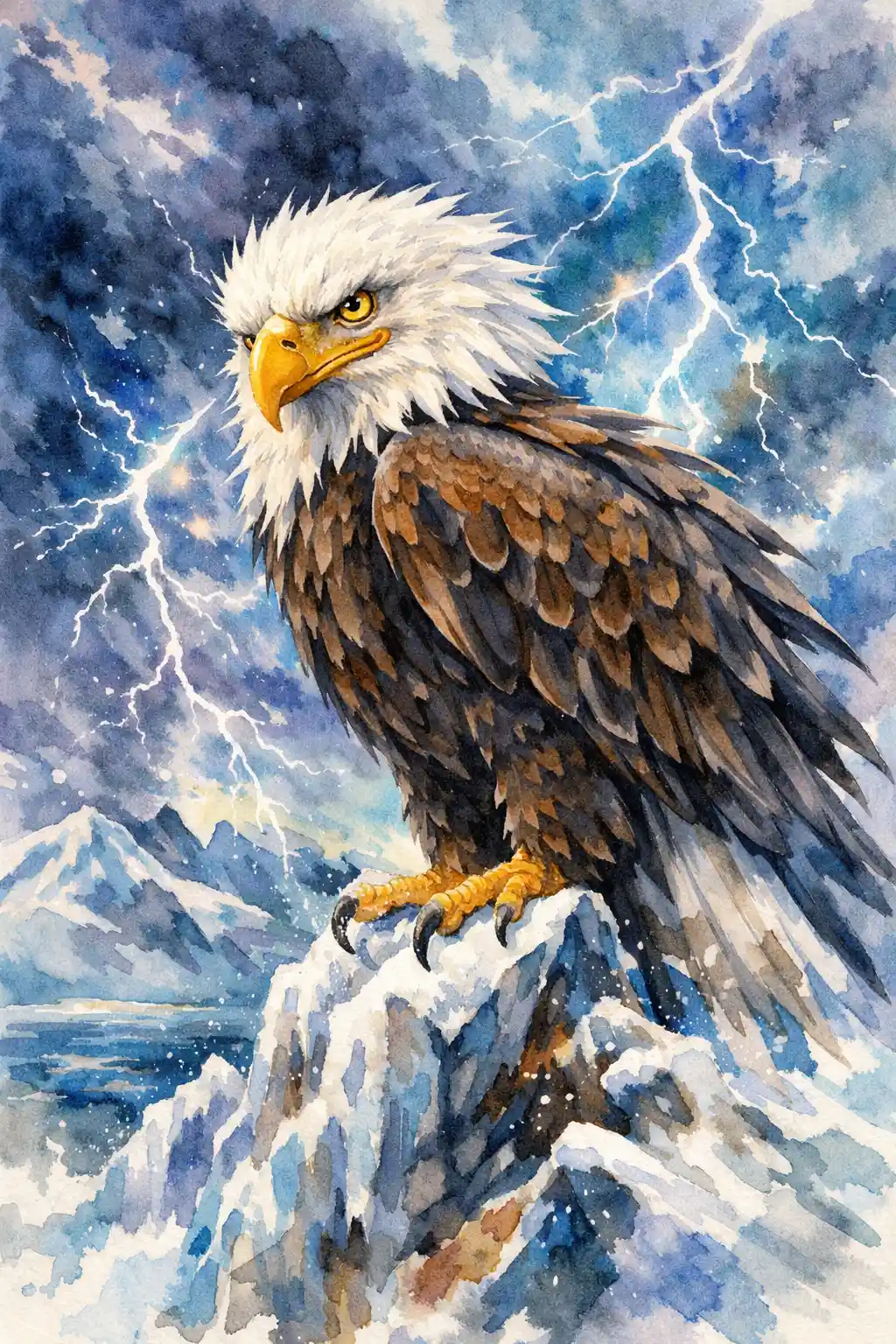 Watercolor eagle on icy cliff under stormy arctic sky