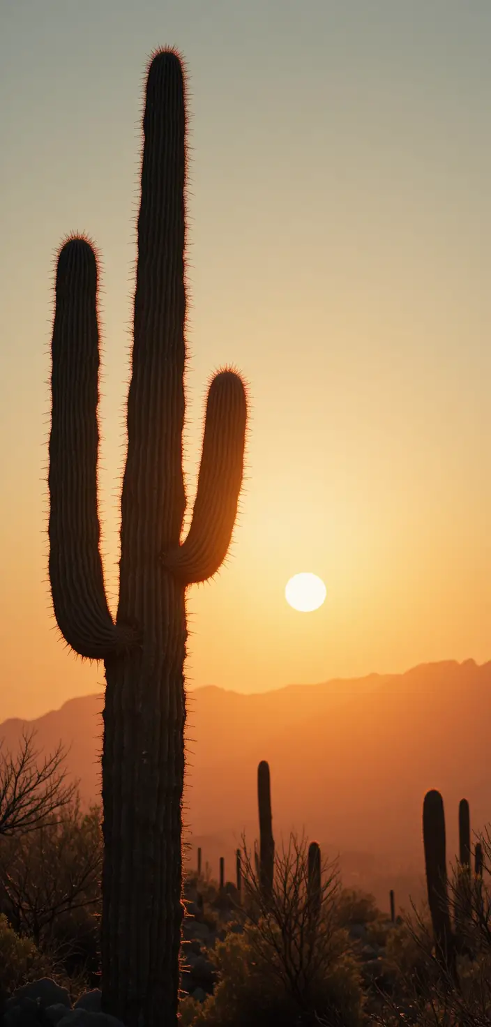 Silhouette di Cactus contro un Cielo di Tramonto Arancione Luminoso