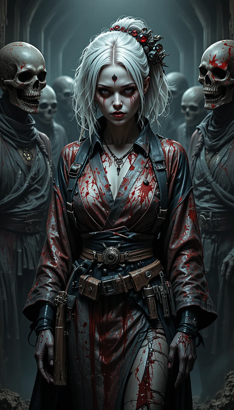 Skeletal white haired woman in bloody kimono with skull crowd