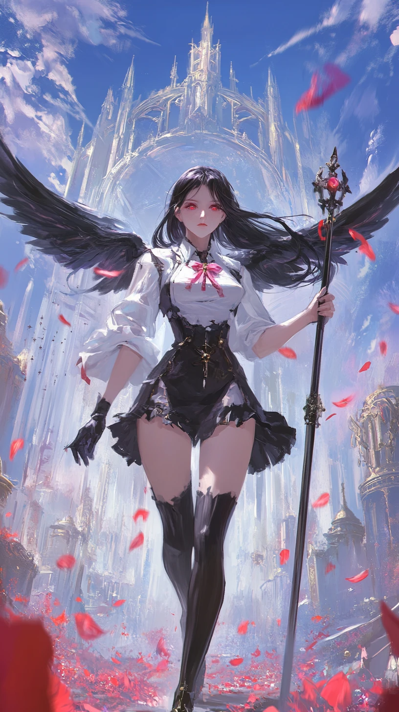 Dark halo anime girl with angel wings in white shirt