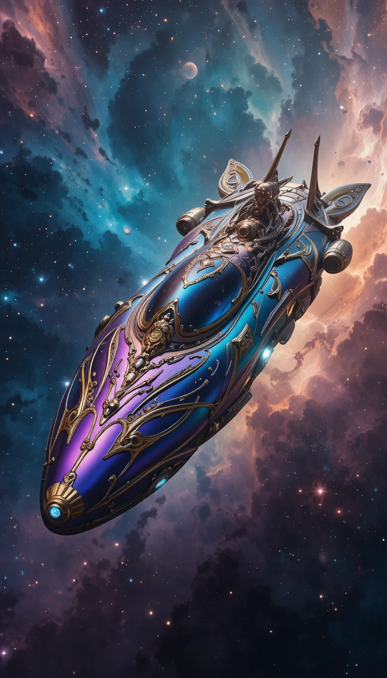 Luxurious spaceship gliding through a glowing cosmic nebula