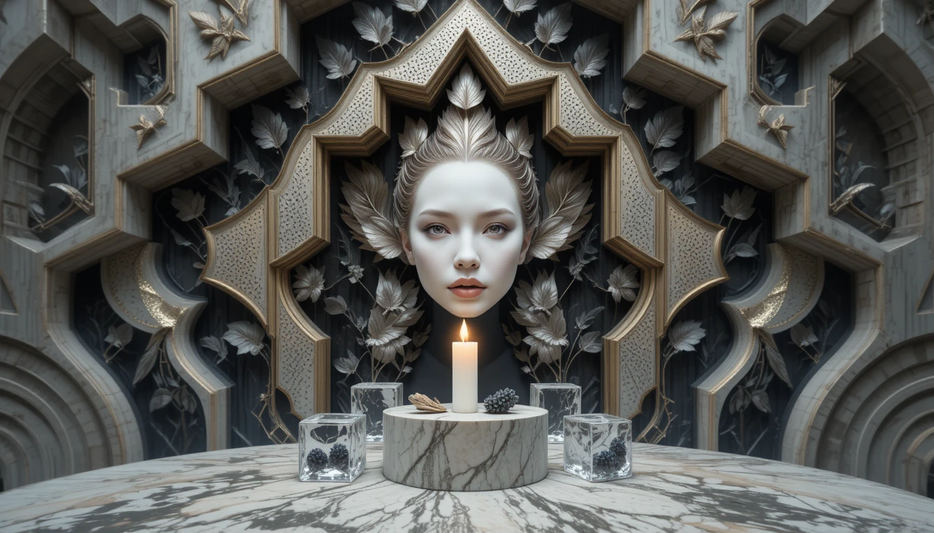 Abstract candle with geometric leaves and marble wall art