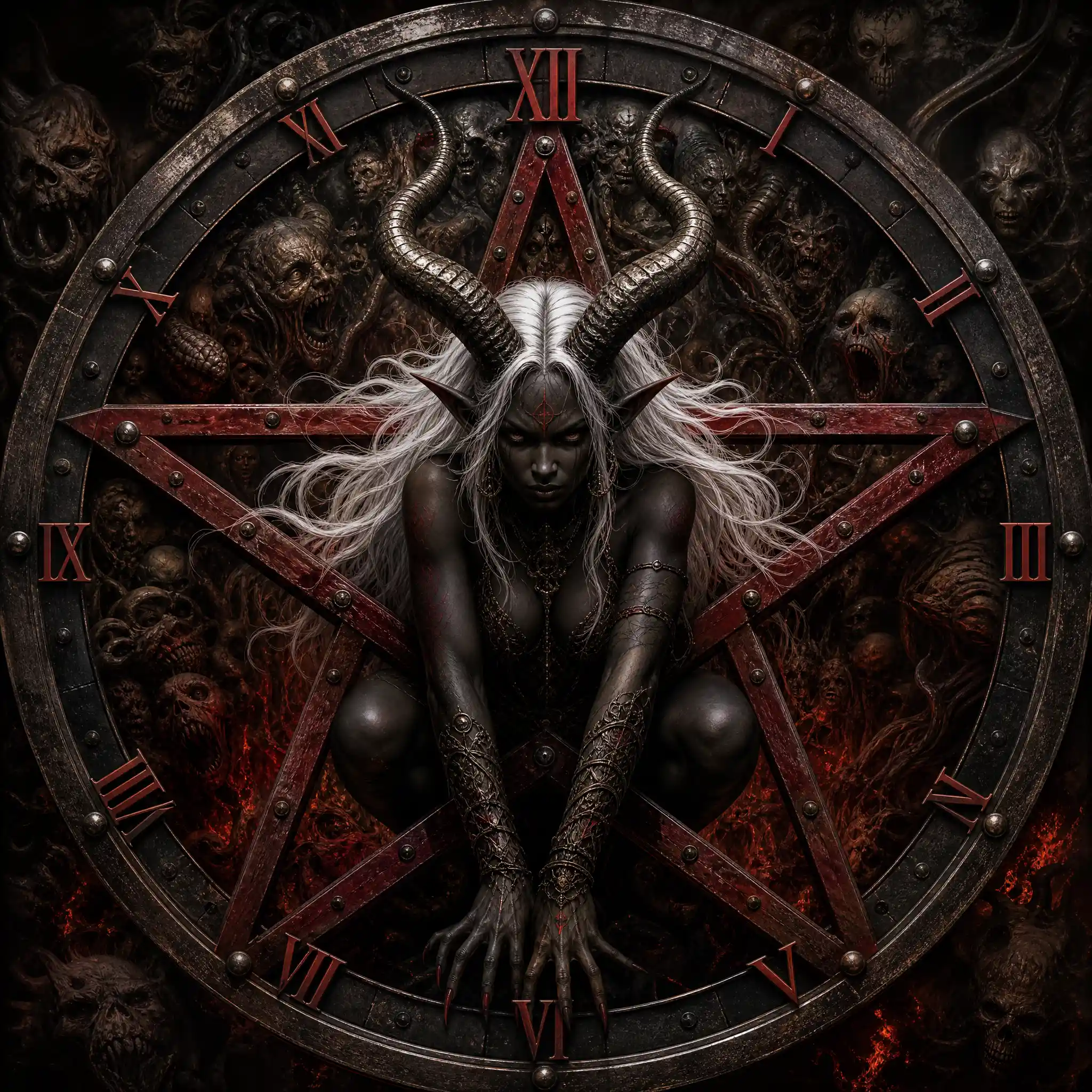 Demonic horned woman crouching within a metal pentagram