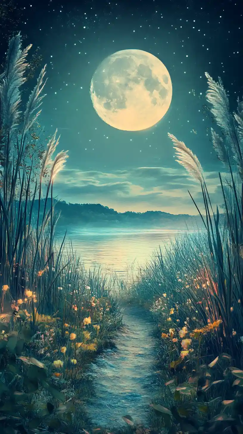 Moonlit path through pampas grass to a tranquil beach