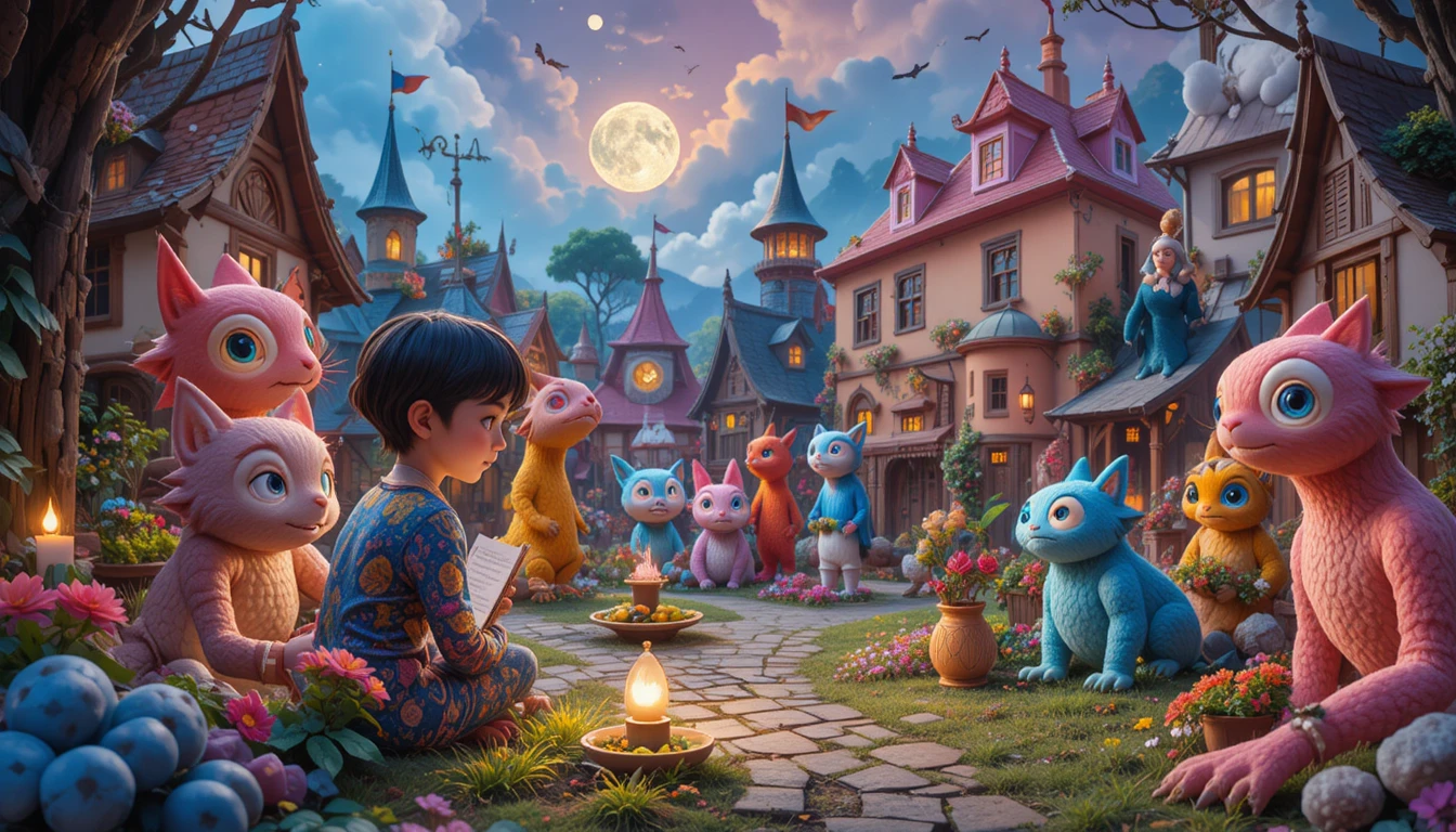 Whimsical cute girl in a neon fantasy village scene