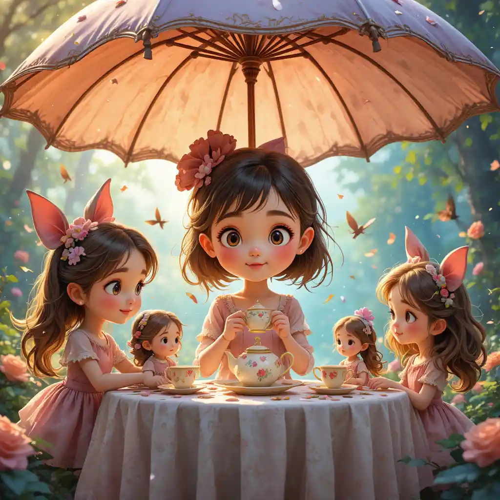Little girl tea party with dolls under a giant umbrella