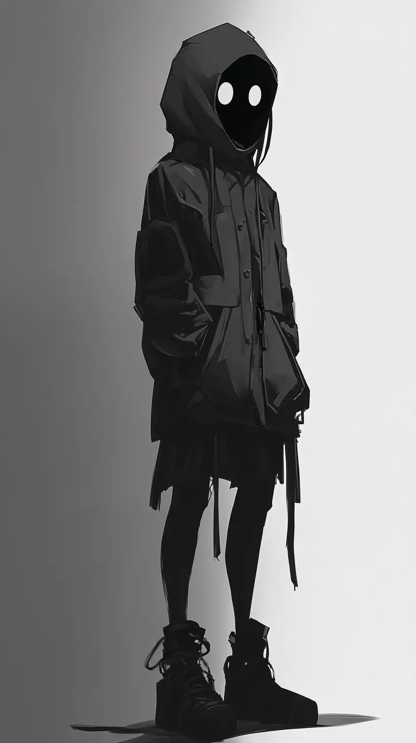 Figura cava in stile anime in piedi in un vuoto tenue e deserto