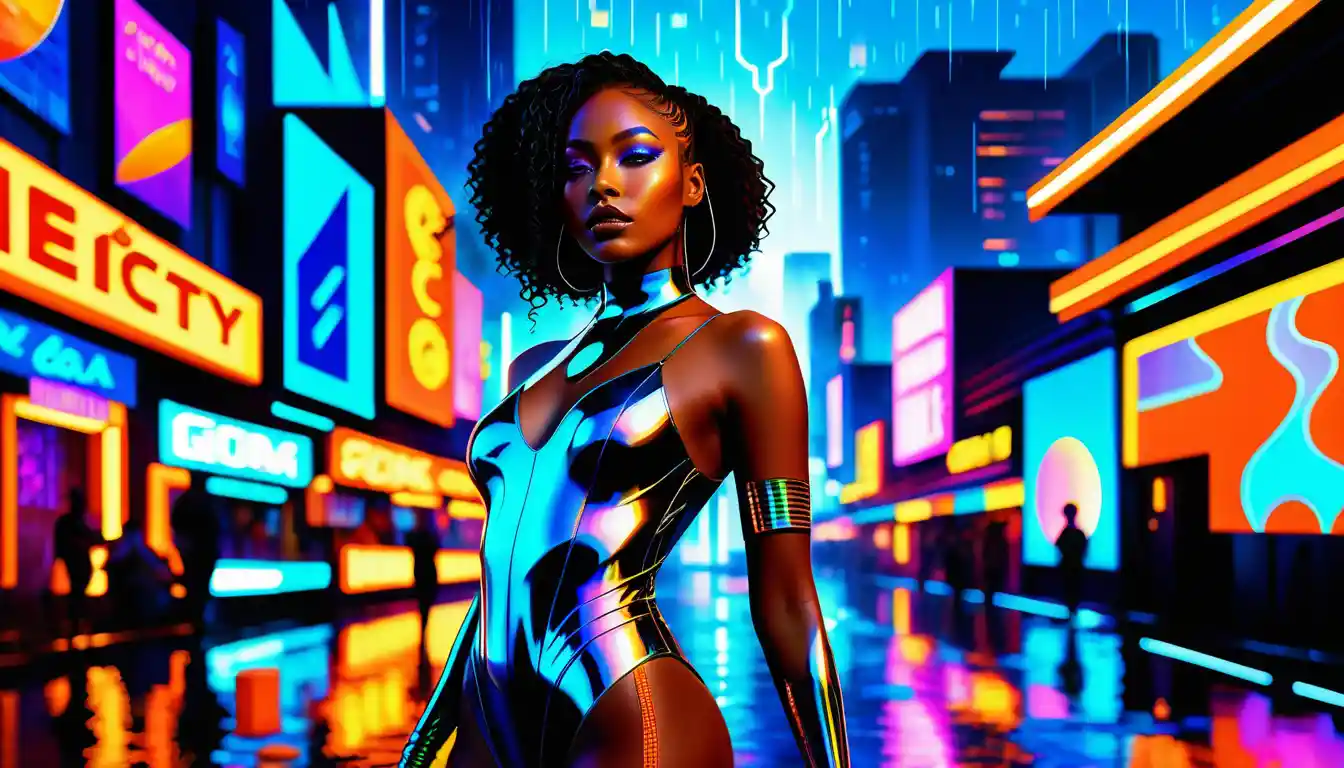 Afrofuturist heroine in neon cyberpunk megacity rain
