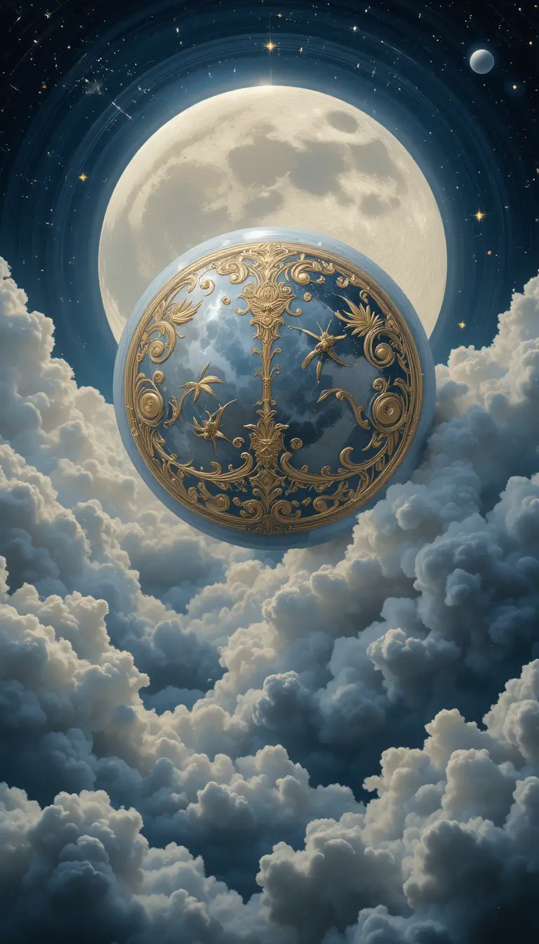 Elegant celestial moon with baroque engravings in dark sky
