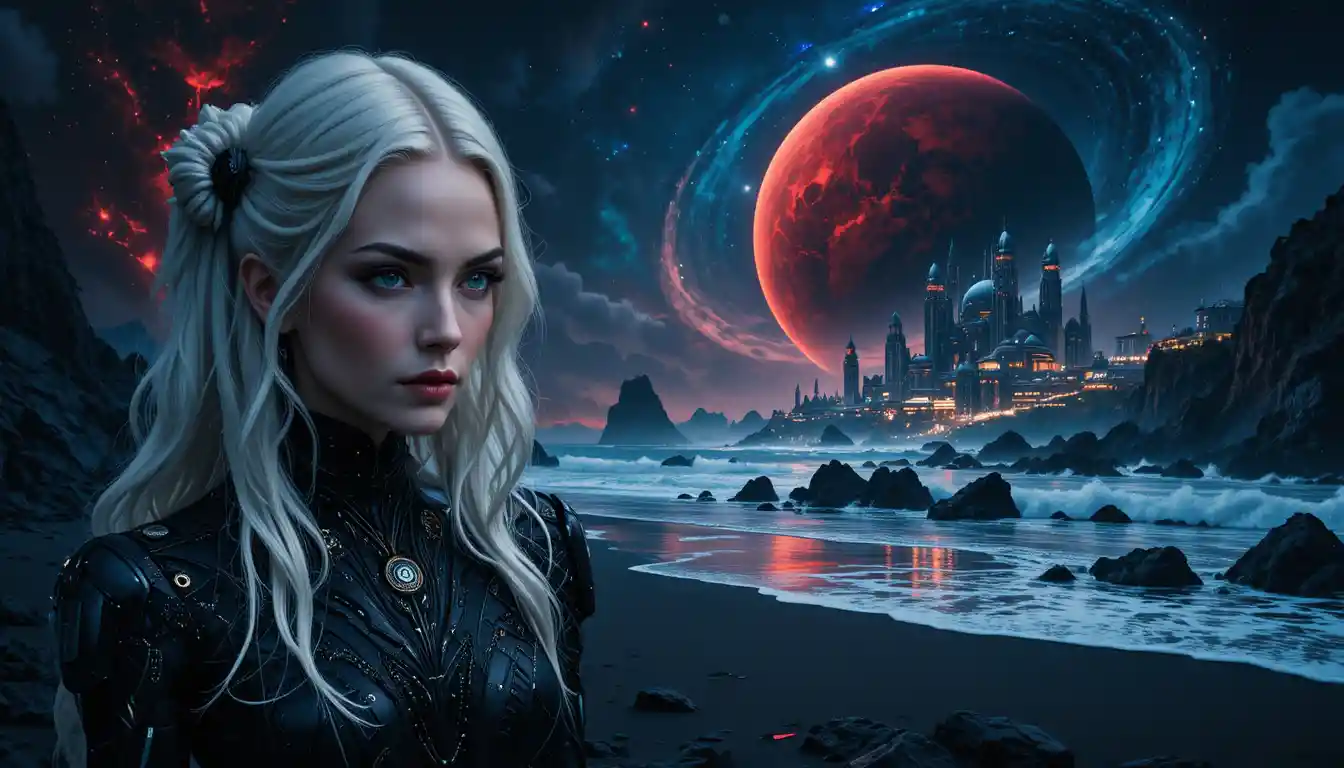 Gothic queen portrait amid swirling cosmic nebulae