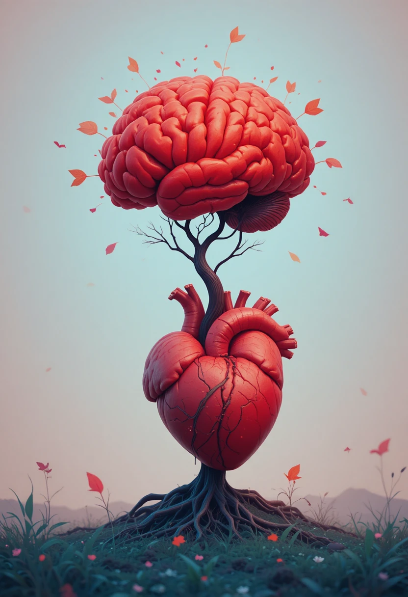 Red heart growing a human brain like a flourishing tree