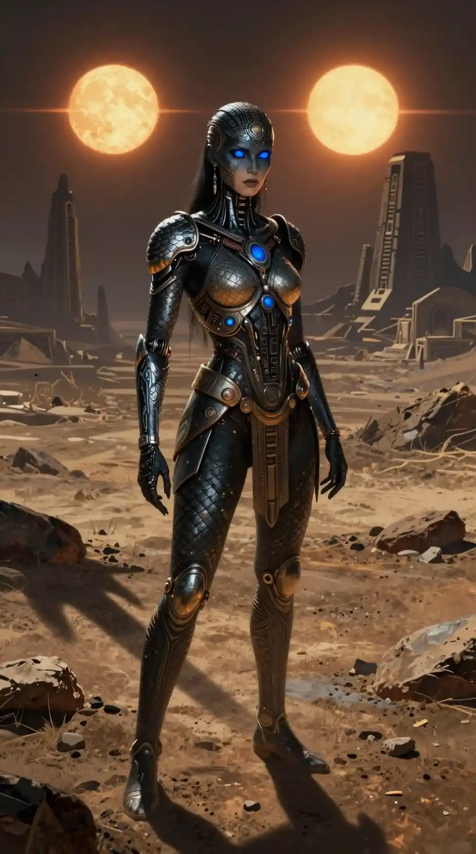 Alien warrior woman under twin suns on rocky world