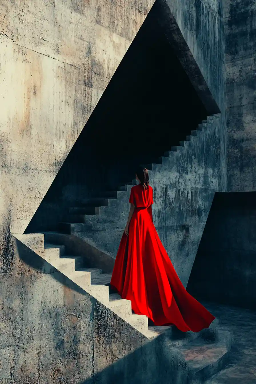Woman in red gown on crumbling brutalist concrete stairway