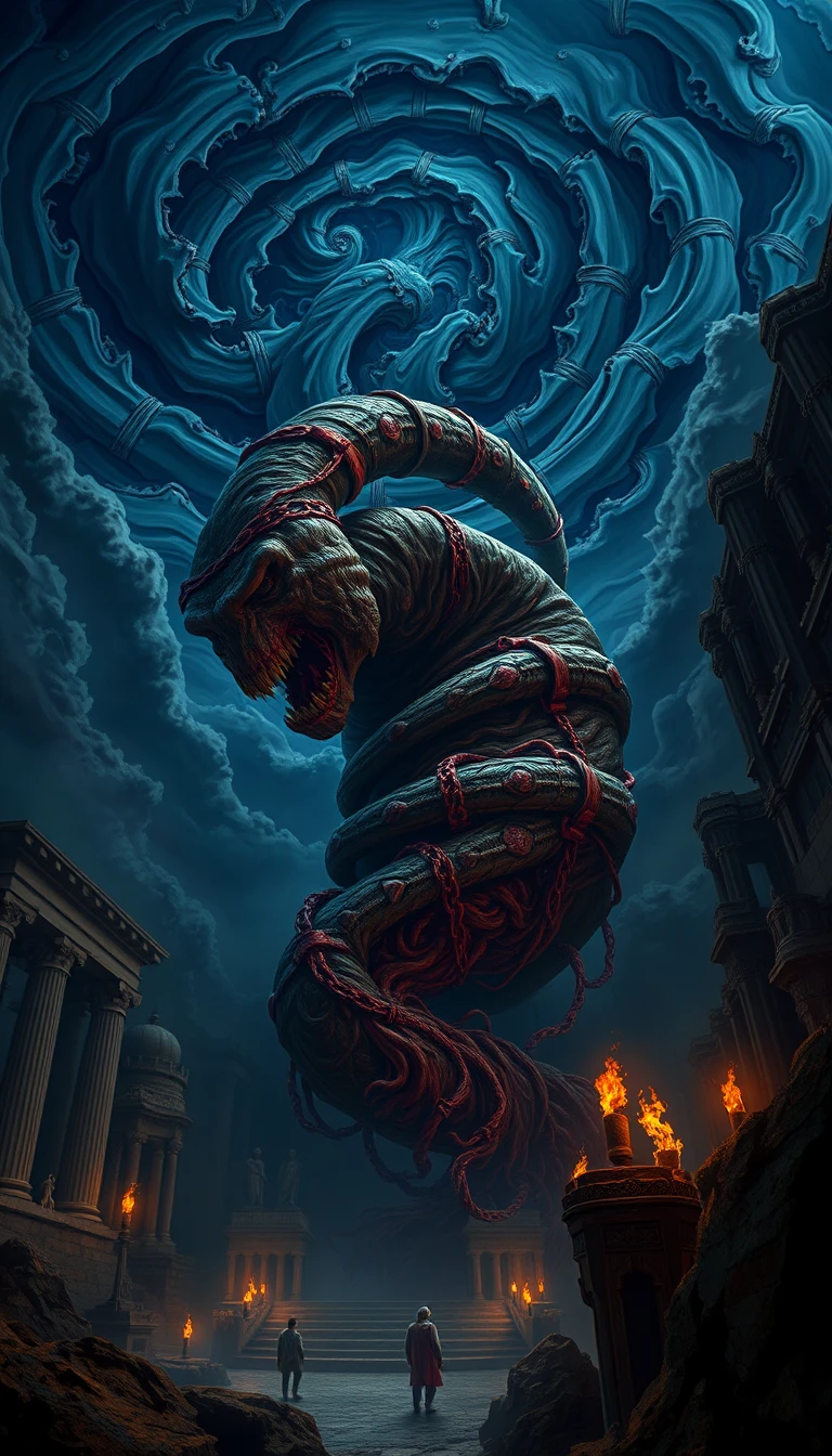Bound titan monster in a twisted underworld abyss