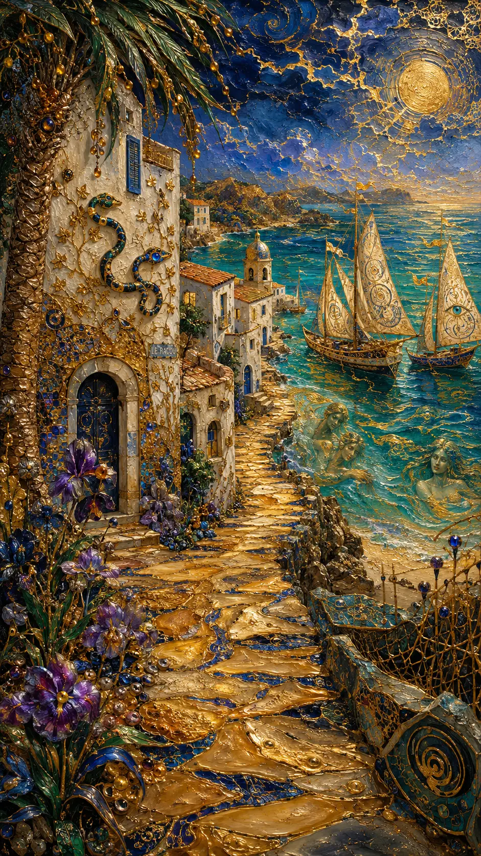 Surreal seaside path of wax and gold toward the sea