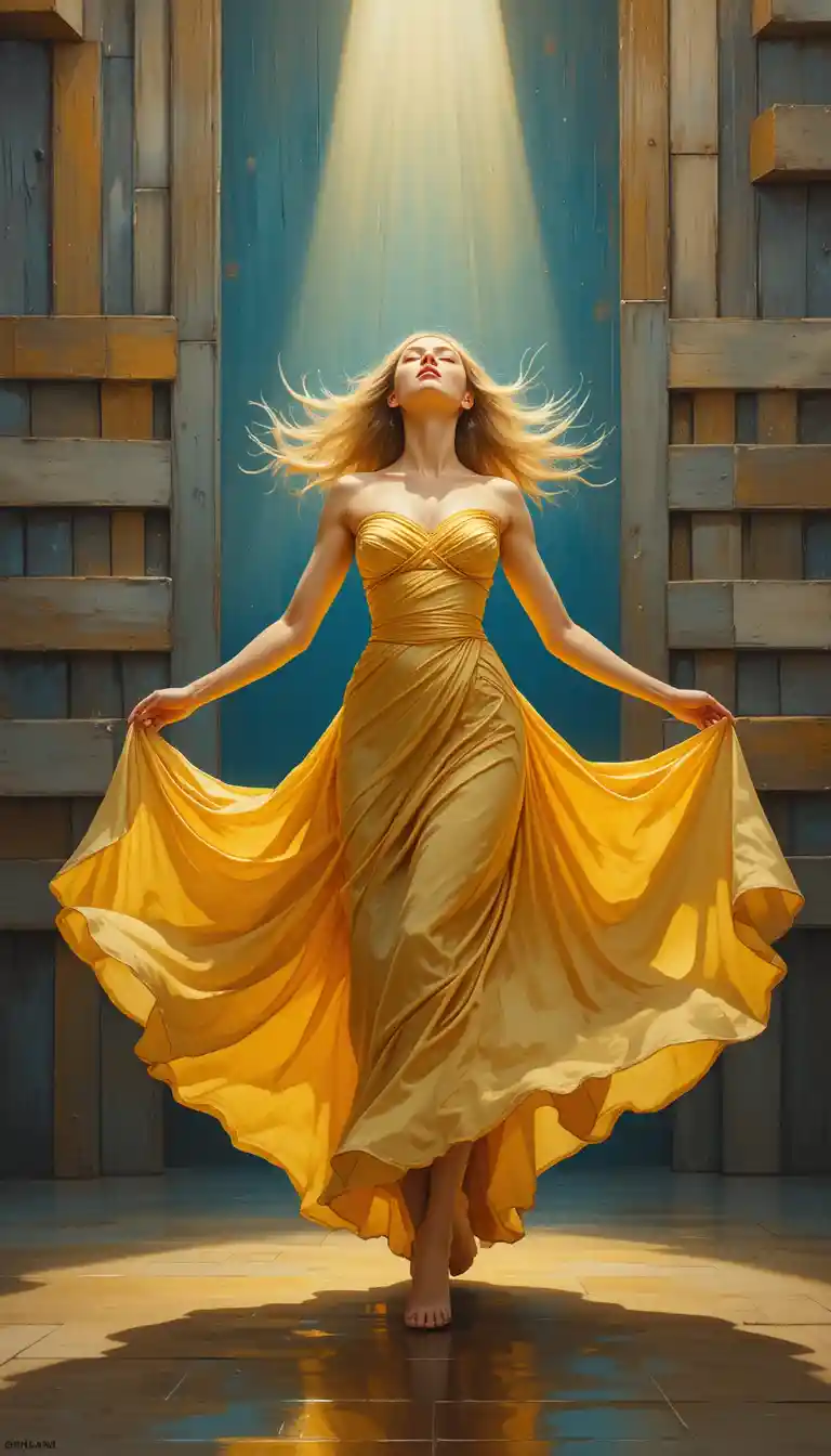 Blonde woman twirling in golden gown under dramatic light