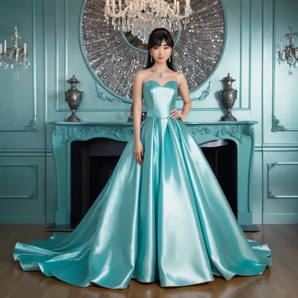 Elegant Japanese woman in glossy tosca satin ballgown