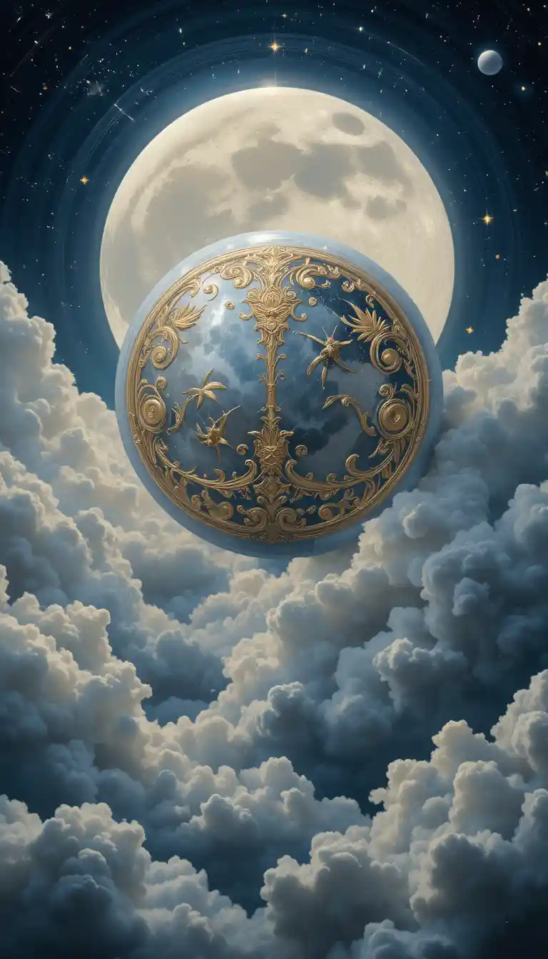 Elegant celestial moon with baroque engravings in dark sky