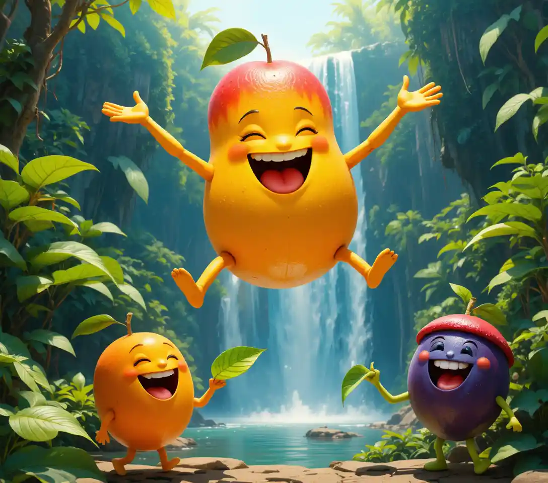 Joyful 3D fruit characters leaping in tropical paradise