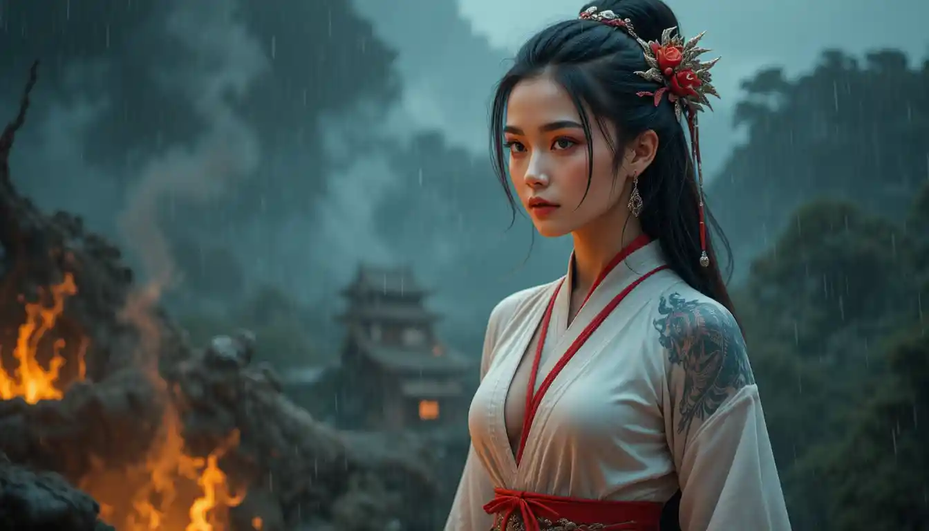 Asian woman with dragon tattooed back under fiery rain