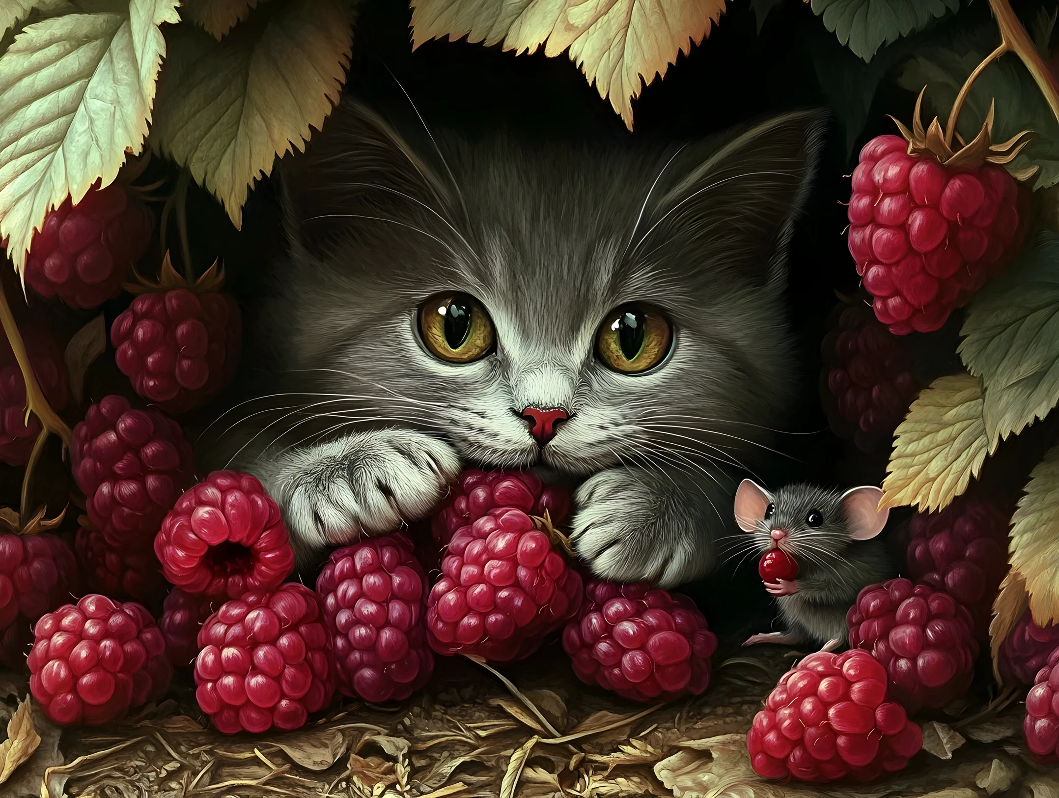 Cute grey cat cuddling with a mouse under raspberry bush