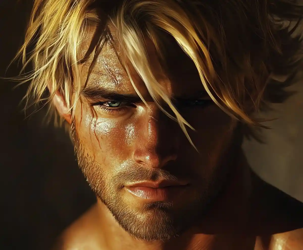 Sad muscular blonde man alone in a somber place