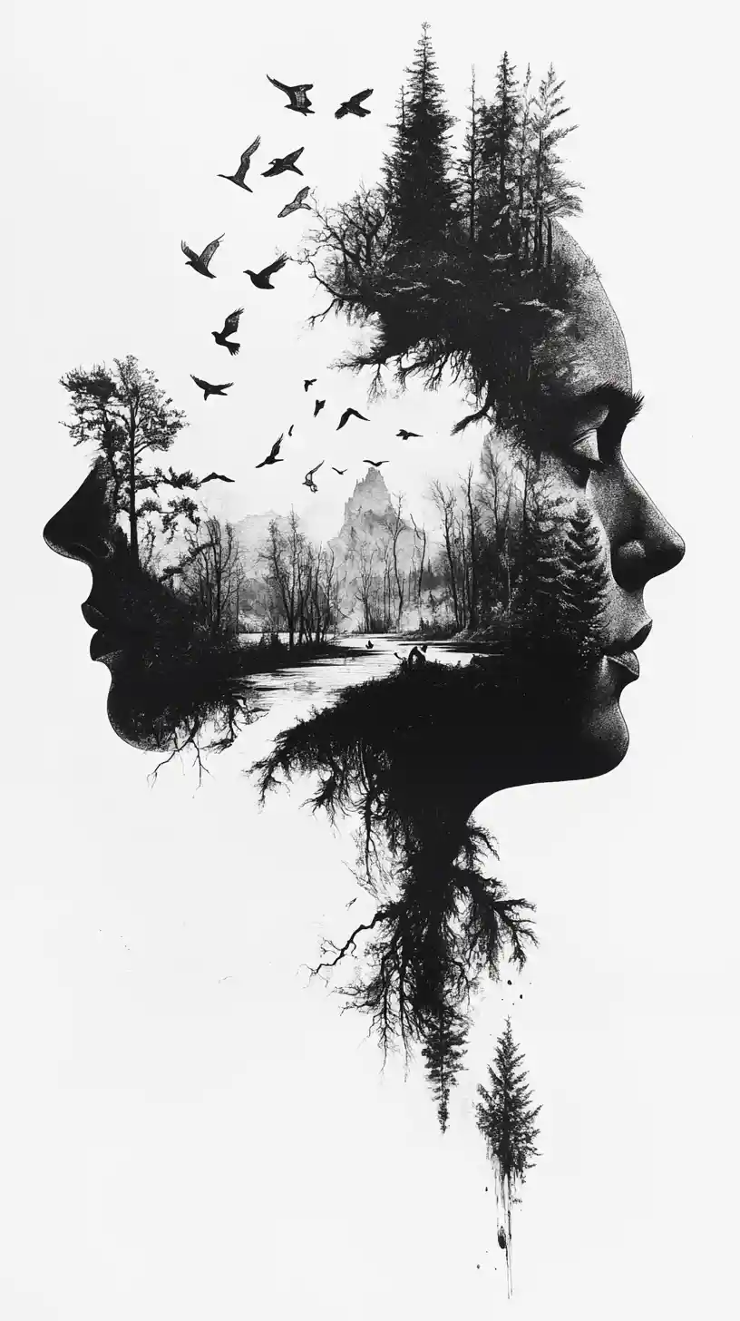 Surreal Portrait Silhouette Filled With Living Biome