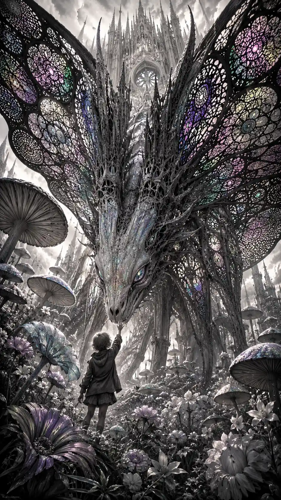 Towering dragon moth cathedral creature above a small child