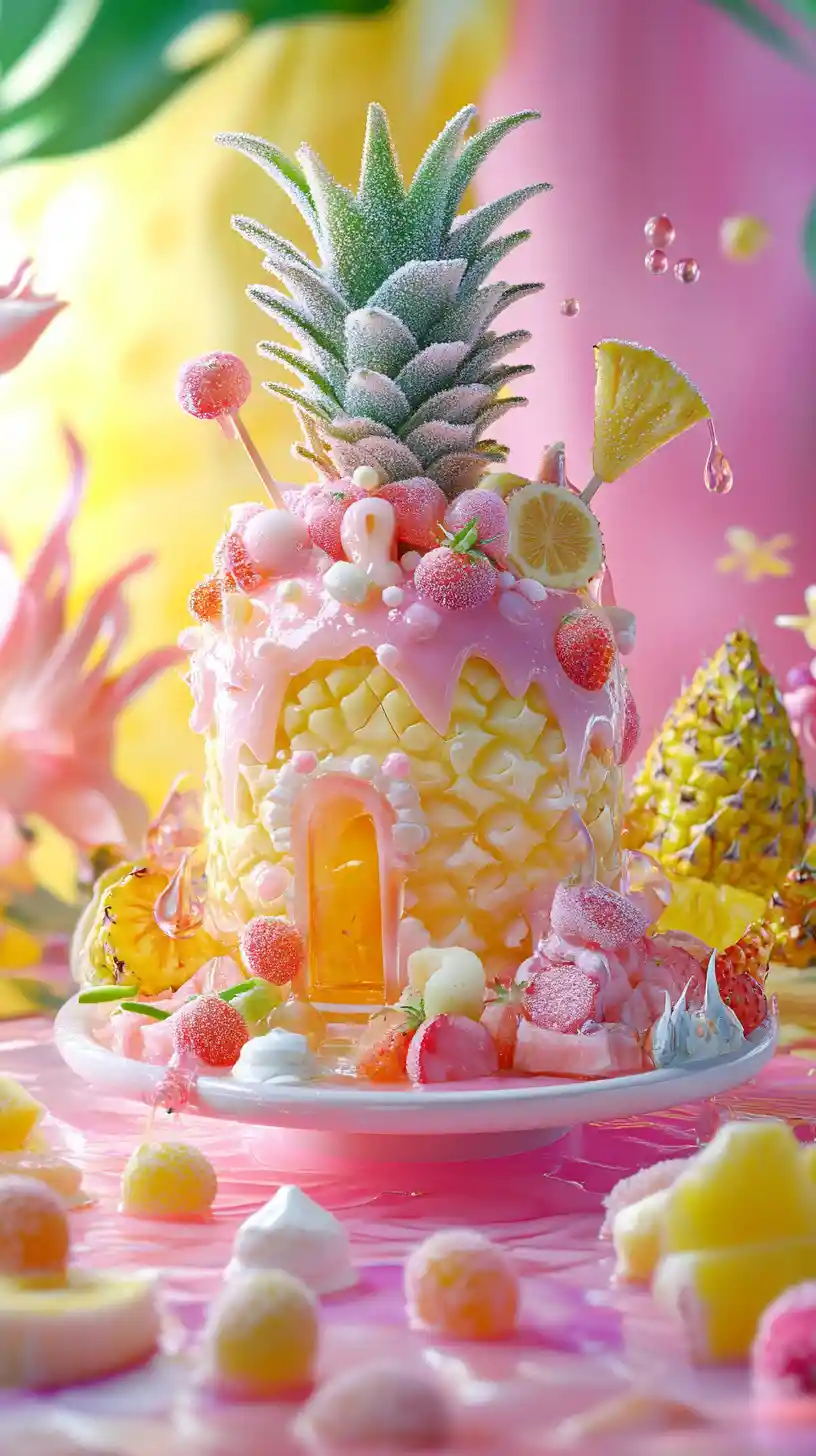 Colorful dessert pineapple greenhouse in a fruity fantasy world