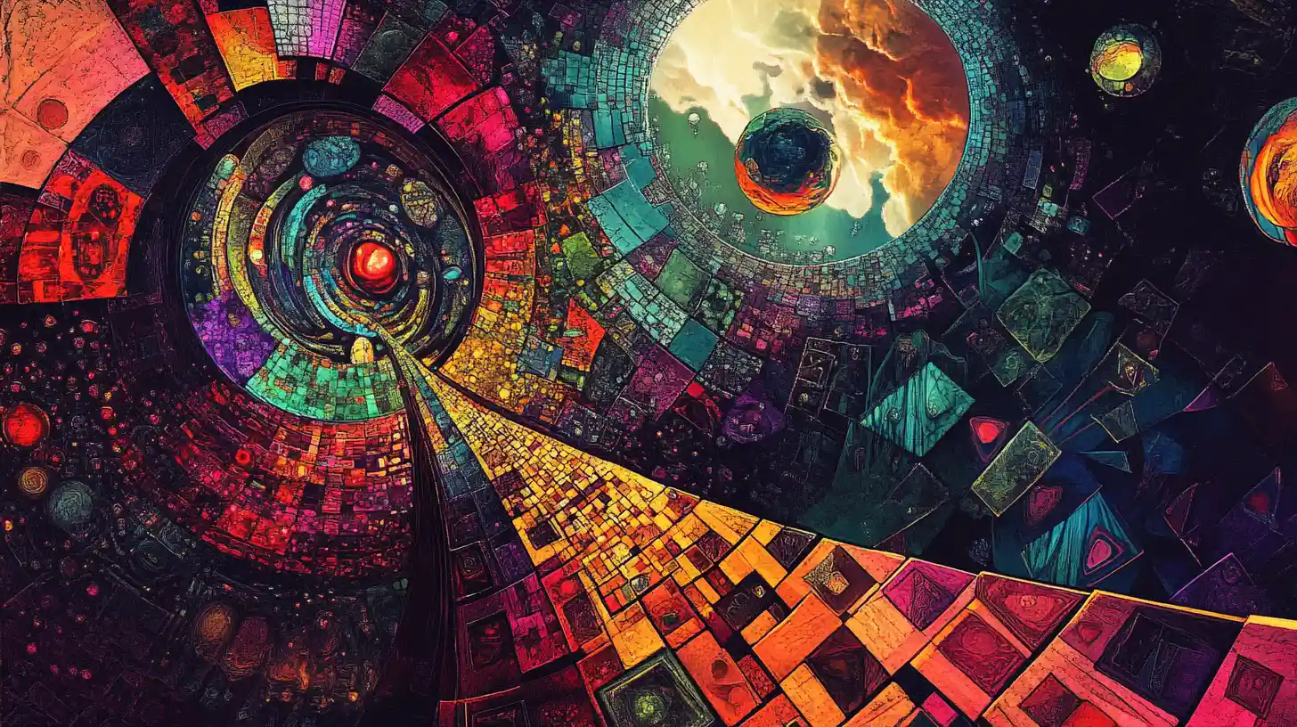 Surreal kaleidoscopic dreamscape of shattered geometric architecture