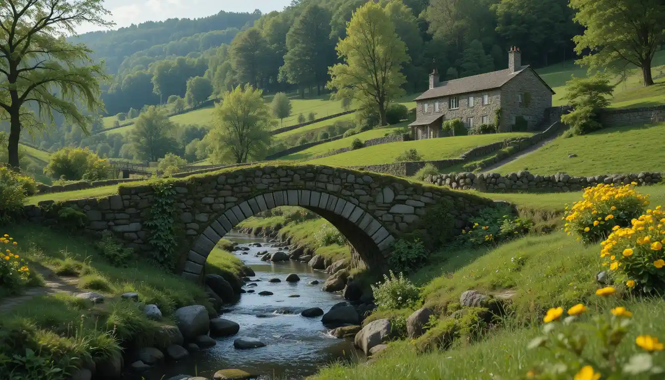 Stone arch bridge over stream in lush green countryside