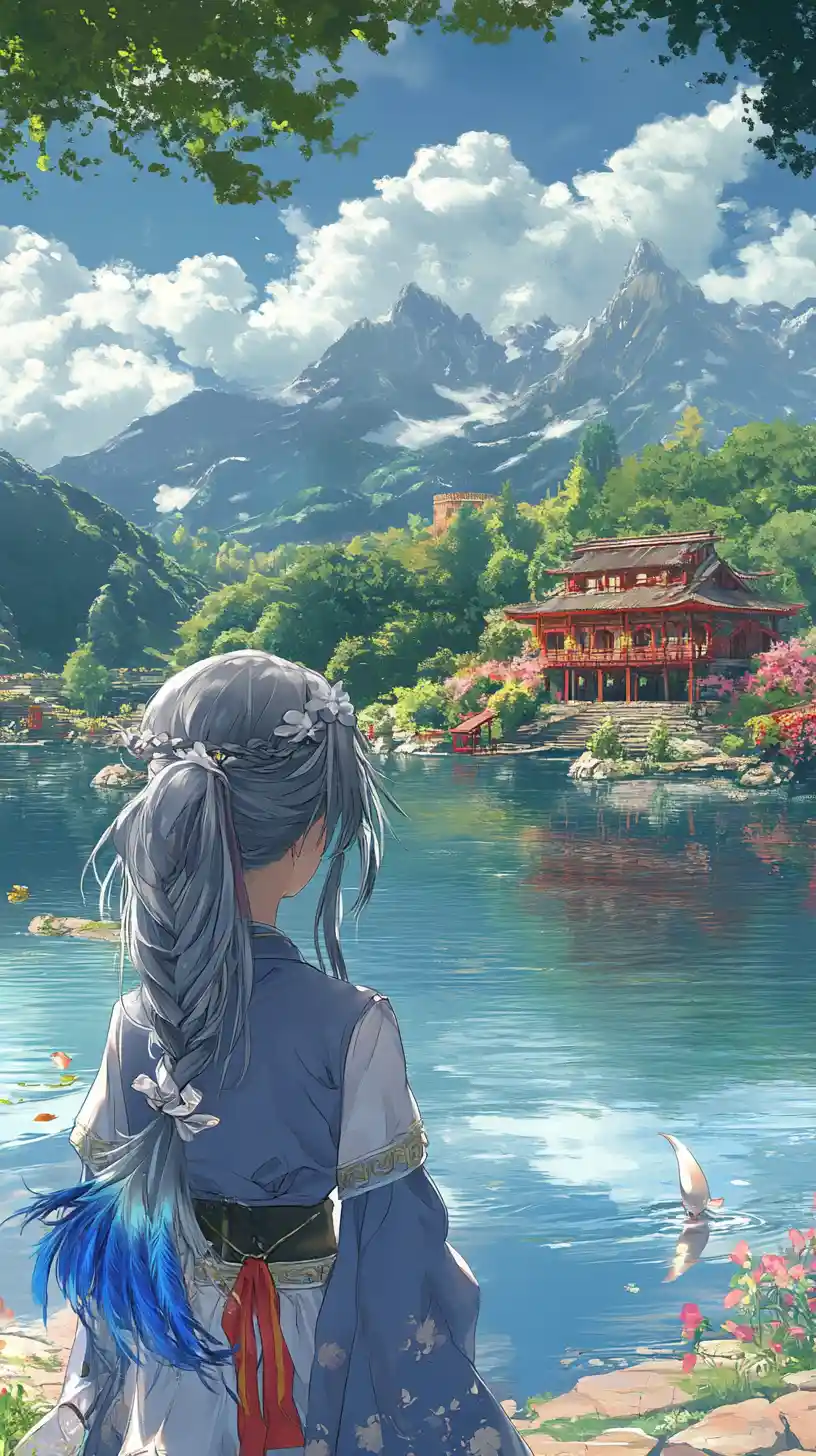 Girl by a tranquil mountain lake with island ruins