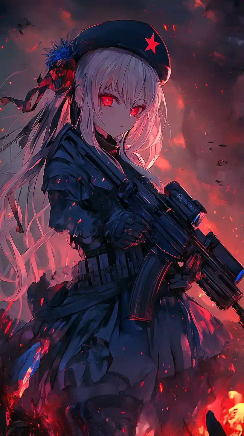 Anime girl aiming a rifle in a ruined war zone