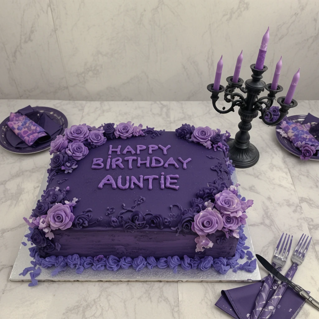 Dark purple birthday sheet cake with skull candelabra