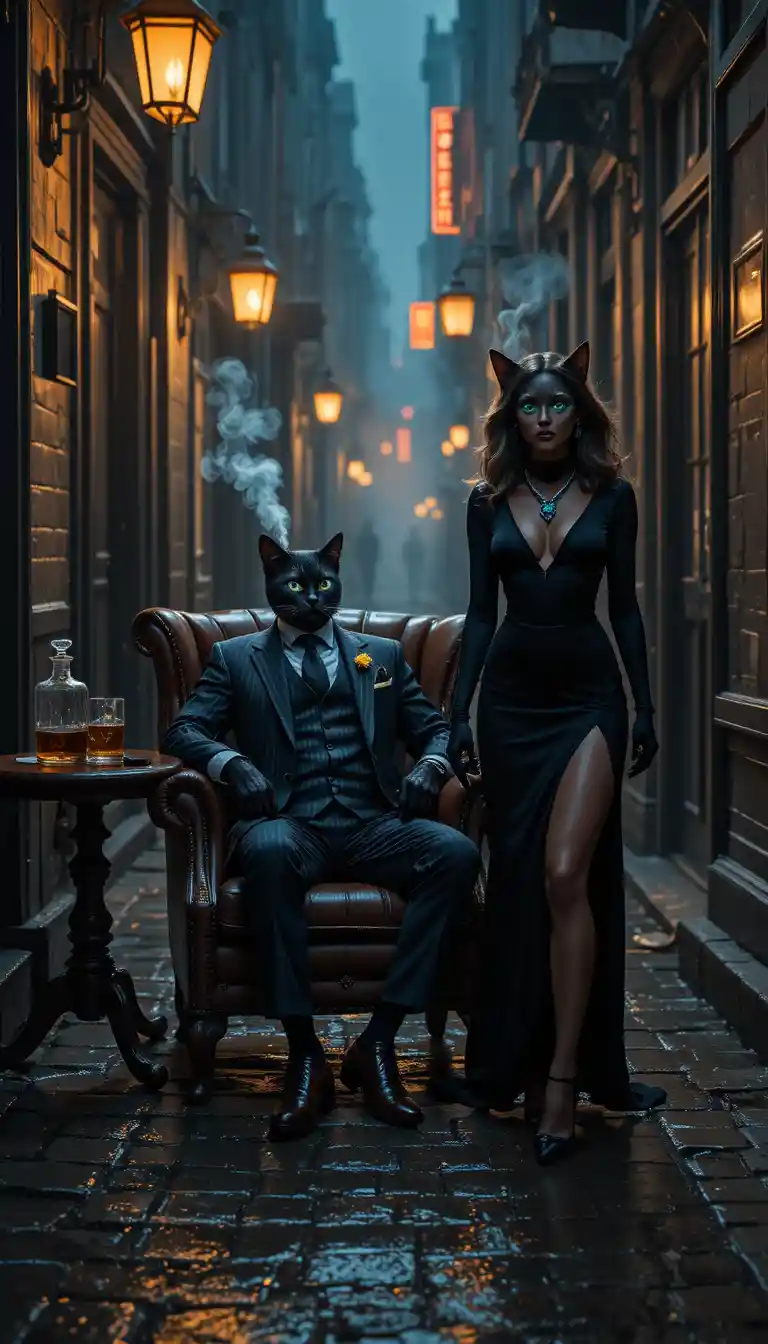 Noir cats in a rain drenched alley under gas lamp glow