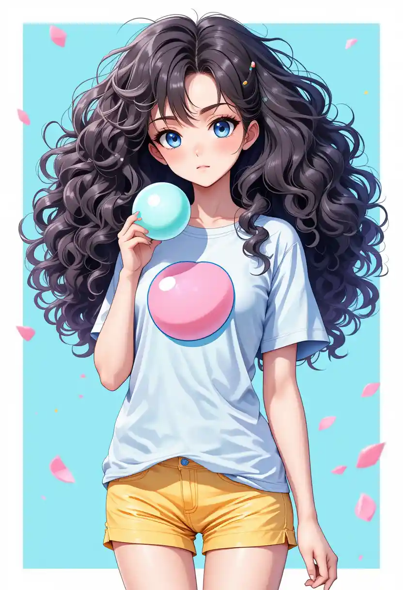 Anime girl with curly bubble gum hair and blue eyes