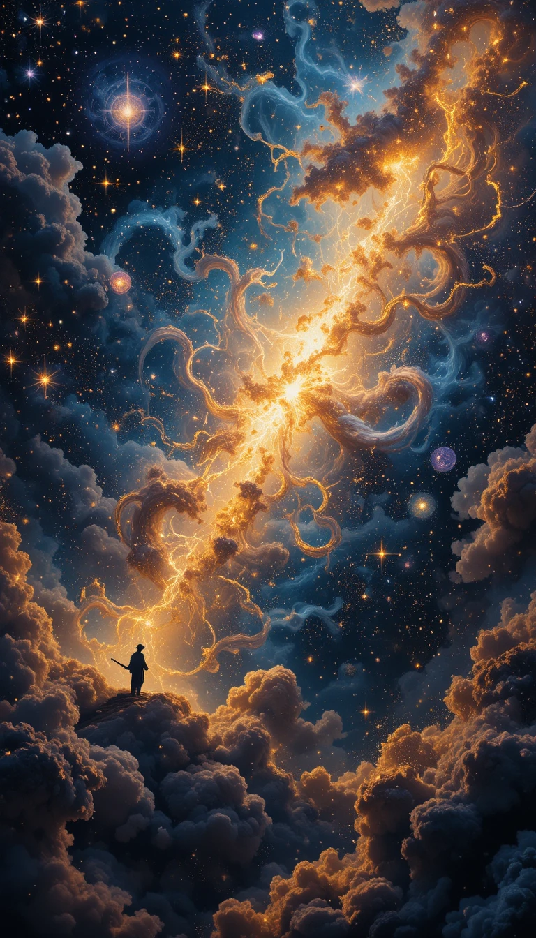 Celestial nebula swirling across a jewel toned night sky