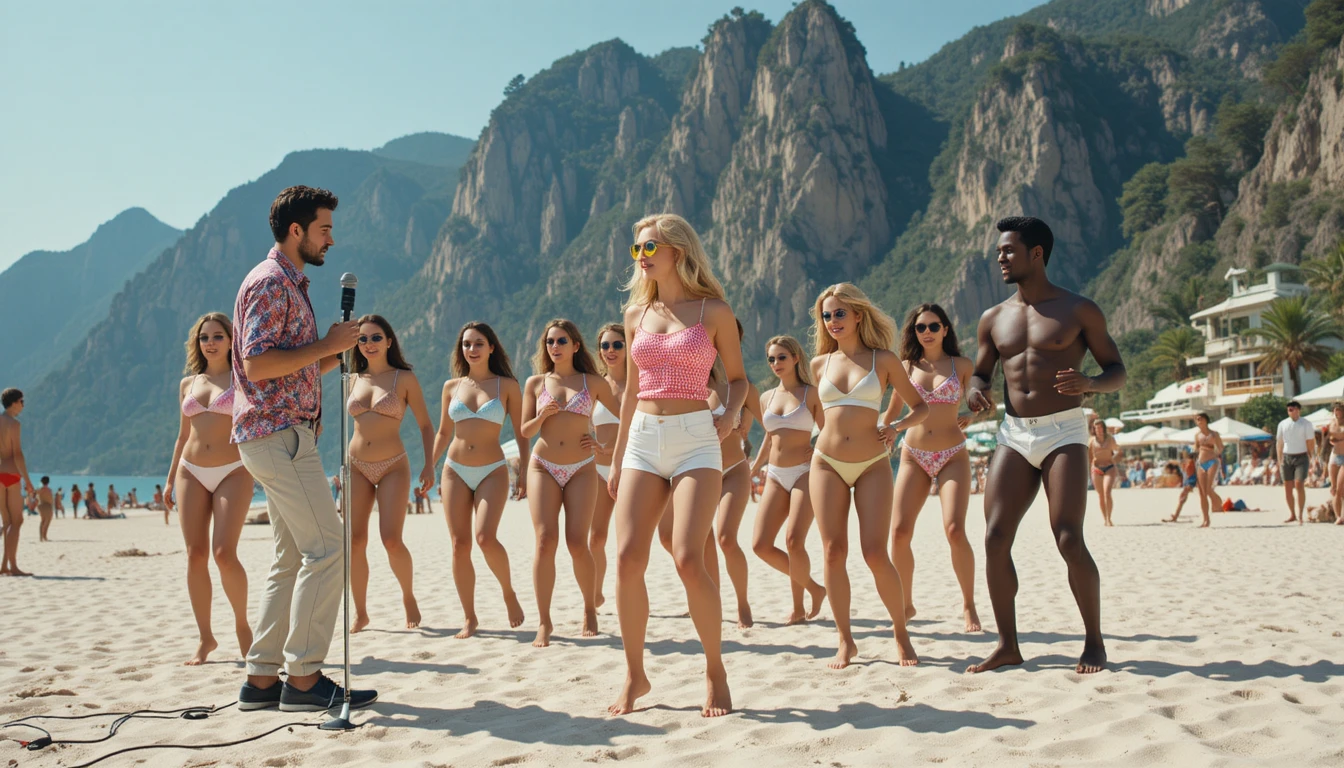 Young adults dancing together on a sunny beach stage