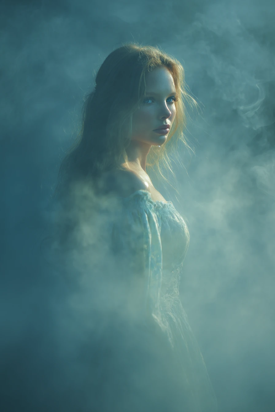 Ethereal woman glowing softly in mystical golden fog