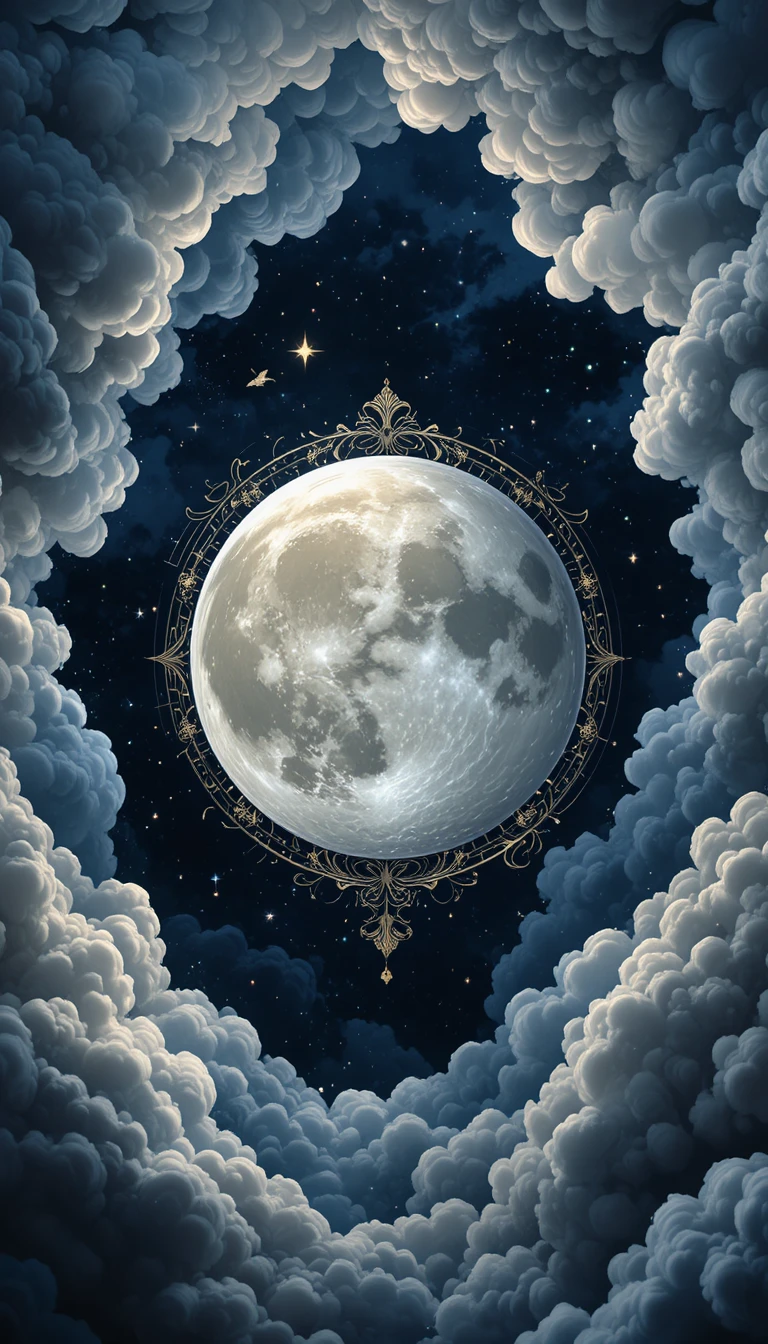 Serene decorative moon against swirling midnight celestial clouds